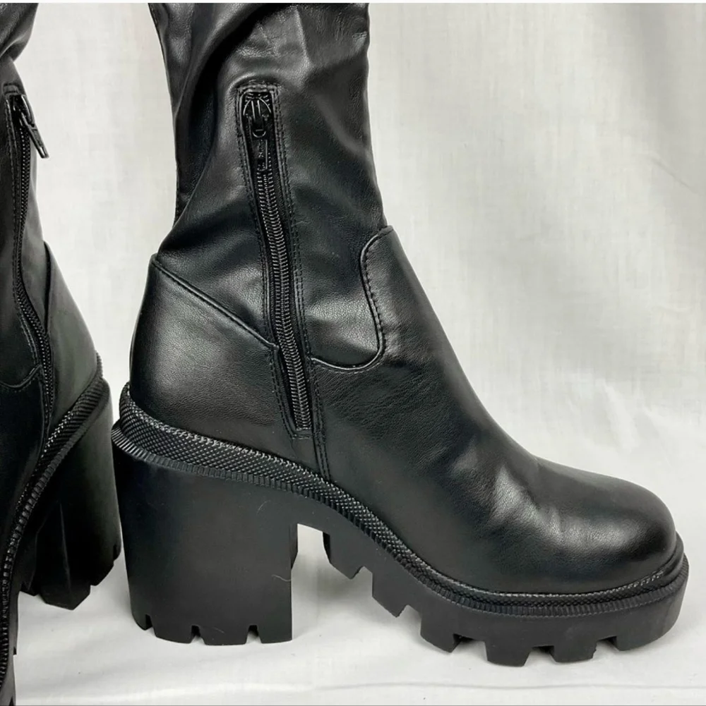 Steve Madden Black Platform Boots Tall Faux Leather Roxanna Lug Sole New - Picture 4 of 8